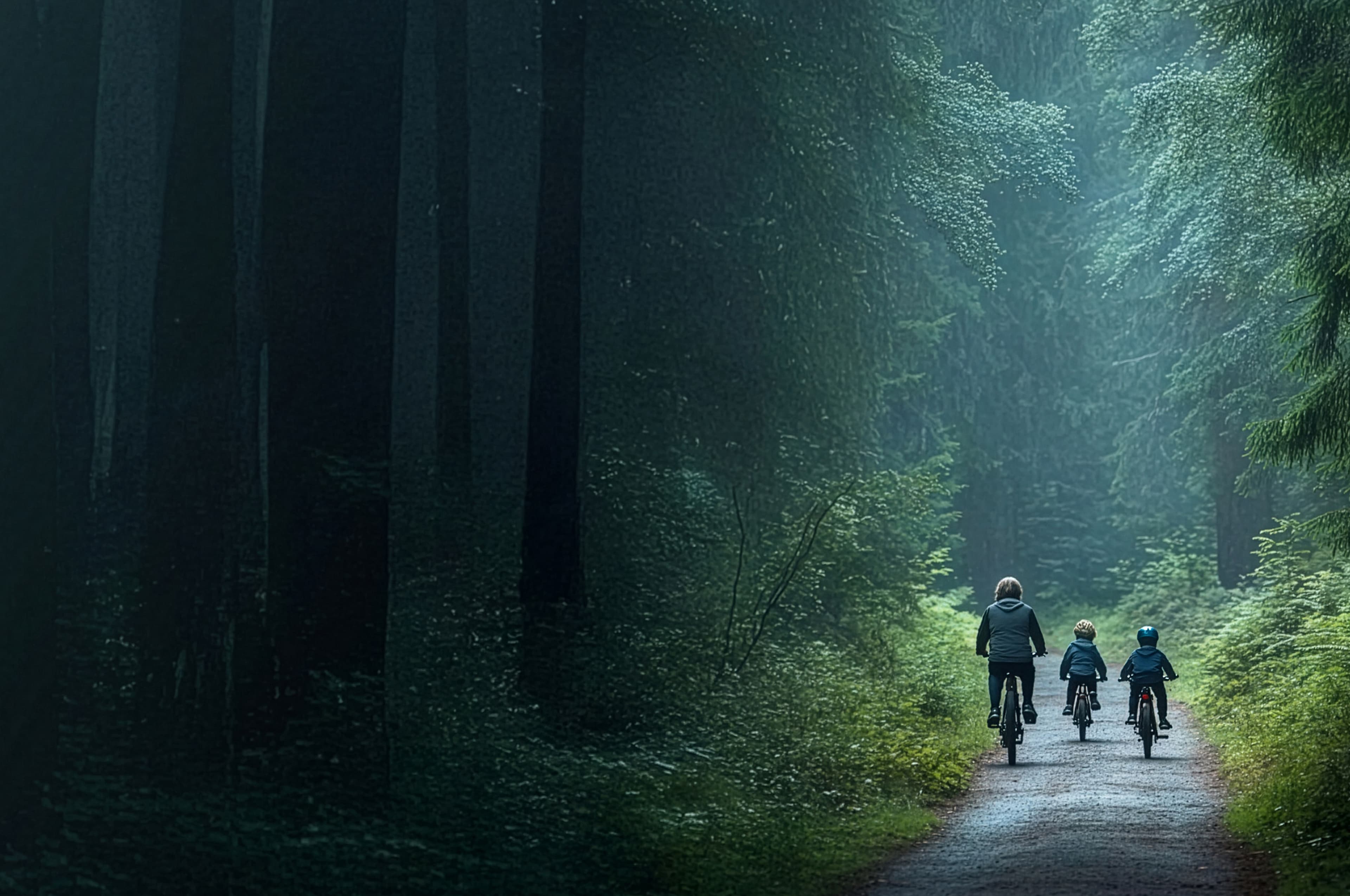 Family biking through forest
