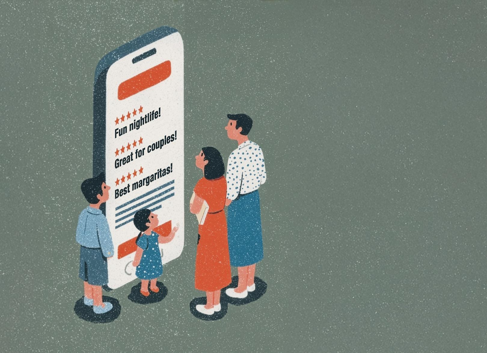 Illustrated family receiving travel advice