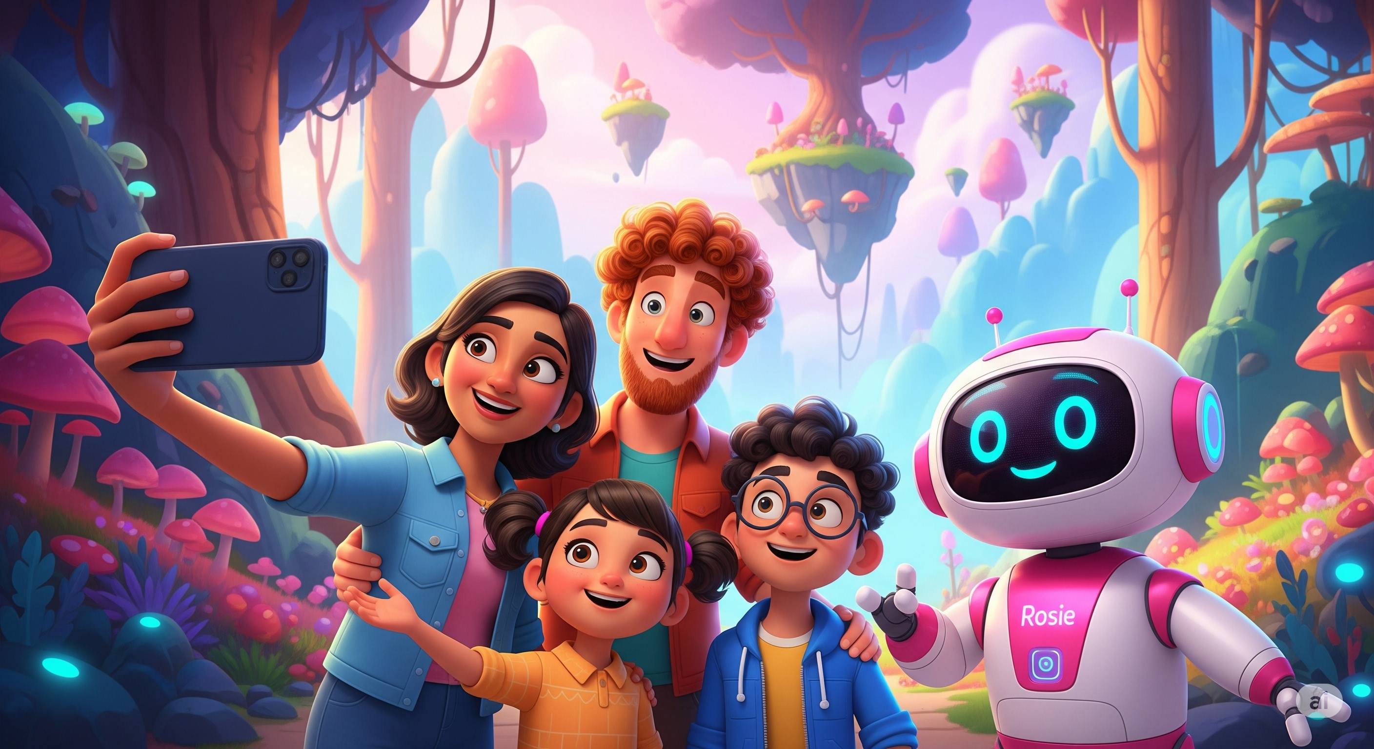 Happy family with AI travel assistant exploring magical destinations